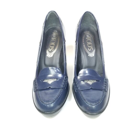 Tod's Women's Patent Leather Penny Loafer Pumps Blue Size EU 35/US 5 block heel - Picture 2 of 15